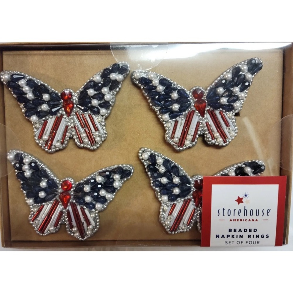Storehouse 4pk Patriotic Beaded Butterfly Shaped Napkin Rings July 4th Americana